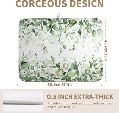 Sage Green Leaf Dish Drying Mat for Kitchen Counter Spring Eucalyptus Leaves Drying Mats Summer Floral Microfiber Absorbent Dishes Pad Reversible Washable Dish Drainer Rack Mat Large 18x24 Inch