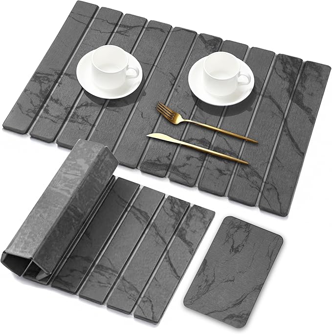 Large Stone Dish Drying Mat for Kitchen Counter - Quick Dry Stone Dishes Mats, Foldable Water Absorbing Diatomaceous Earth Drying Organizer Pad for Rack Bottles Plate (Dark Gray 24"×16" & 8"x5")