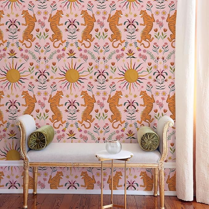 JiffDiff Pink Tiger Peel and Stick Wallpaper - Tropical Tiger Boho Removable Self Adhesive Jungle Animal Wall Paper for Bedroom, Living Room, Nursery Waterproof DIY Wall Decor (17.3" x 240")