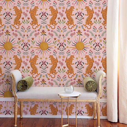 JiffDiff Pink Tiger Peel and Stick Wallpaper - Tropical Tiger Boho Removable Self Adhesive Jungle Animal Wall Paper for Bedroom, Living Room, Nursery Waterproof DIY Wall Decor (17.3" x 120")
