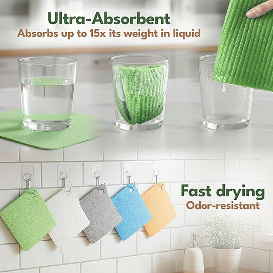 10 Pack Cellulose Swedish Dishcloths for Kitchen - Eco-Concious Reusable Dish Towels & Cloths - Super Absorbent, Odor Resistant and Fast Drying Wash Cloths for Dishes & Surfaces