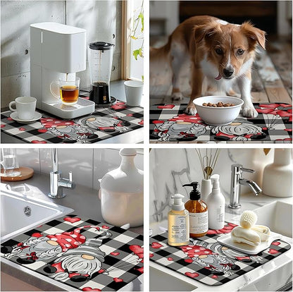 Valentine Gnome Hearts Dish Drying Mat Valentines Gnomes Dishes Dryer Mats for Kitchen Countertop 18x24 Inches Under Coffee Maker Drainer Matt Microfiber Large