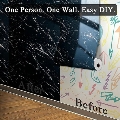 Black Statuario Marble Peel and Stick Wallpaper, Glossy Texture Vinyl Wall Panels, Waterproof Renter Friendly, 23.6" x 118", TV Accent Wall, Bathroom, Foyer, Coffee Shop Decor