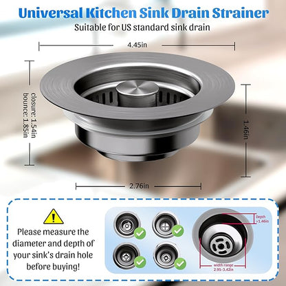 NinjaTiger Kitchen Sink Drain Strainer - 3-in-1 Stainless Steel Pop Up Sink Stopper Anti-Clogging Sink Strainer Basket Sink Drainer Filter Plug for US Standard 3-1/2'' Sink Drain | Gunmetal Gray