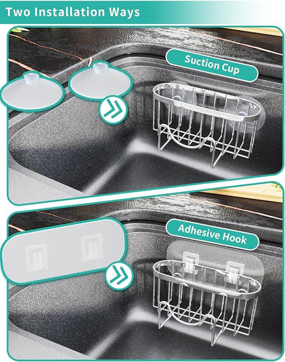 HapiRm Multifunctional Adhesive Kitchen Sink Organizer with M-Shaped, 2 Installation Methods Kitchen Sponge Holder, Rustproof Sponge Caddy for Brush, Sink Stopper and Scraper -Silver
