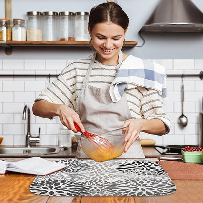 Sanwarm Absorbent Dish Drying Mat, Vintage Spring Leaf Gray Floral Flower Microfiber Pad for Kitchen Counter, Coffee Bar Decor, Heat Resistant and Reversible, 18" x 24"