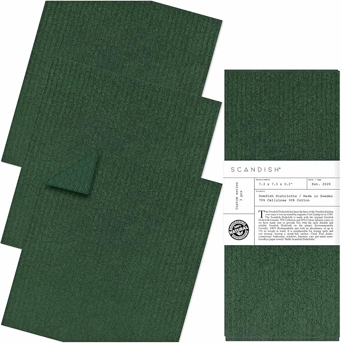 Forest Green Swedish Dishcloths for Kitchen - Set of 3 Reusable, Compostable Dishcloths