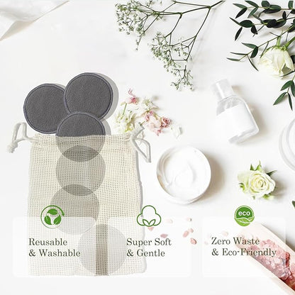 24 Packs Reusable Cotton Rounds - Washable Bamboo Charcoal Makeup Remover Pads, Soft Reusable Face Pads for All Skin Types & Cleansing with Cotton Bag, No Waste