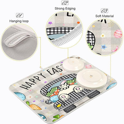 Easter Eggs Bunny Rabbit Dish Drying Mat Quick Absorbent 16x18 Easter Day Black White Buffalo Plaid Kitchen Drying Mat for Countertop Sink Reusable Dishes Mats Kitchen Essentials