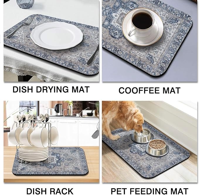 Dish Drying Mat for Kitchen Counter 2 Pack with Non-Slip Rubber Backing - Heat-Resistant Absorbent Coffee Bar Mat, Dish Rack Mat, Boho Dish Drying Mats 18x24+19.5x12 inch