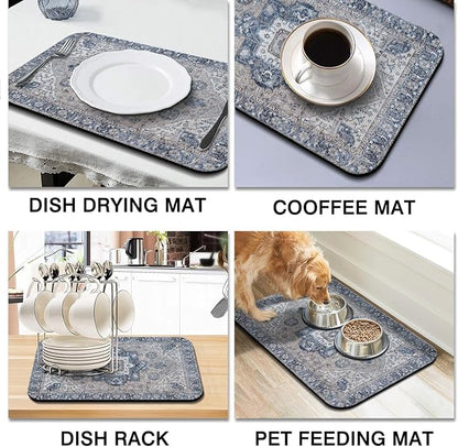 Dish Drying Mat for Kitchen Counter 2 Pack with Non-Slip Rubber Backing - Heat-Resistant Absorbent Coffee Bar Mat, Dish Rack Mat, Boho Dish Drying Mats 18x24+19.5x12 inch