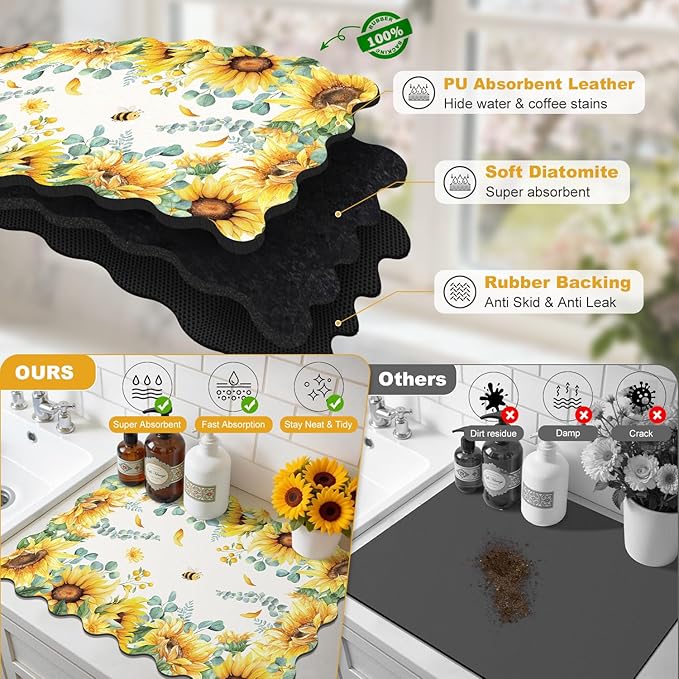 LOKHOM Scalloped Floral Dish Drying Mat, 12"x20" Super Absorbent Coffee Mat with Watercolor Yellow Sunflowers, Cuttable Hide Stain Non-slip Drying Mat for Kitchen Counter Coffee Maker Espresso Machine