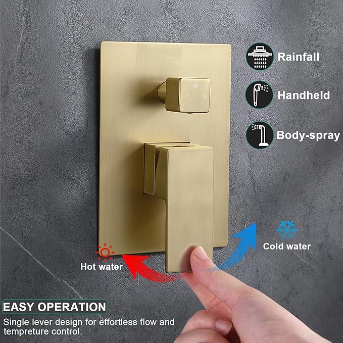 Enga Brushed Gold Rain Shower System with 4 Body Shower Jets 12inch Ceiling Mount Rainfall Shower Head & Handheld, Multi Shower Head System Rain Shower Faucets sets Combo with Rough-in Valve