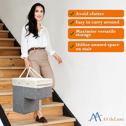 Stair Basket Foldable Linen Storage Organizer with Toplid for Carpeted Stairs & Wooden Staircases. Versatile Sturdy Bag for Climbing, Laundry & Shoe