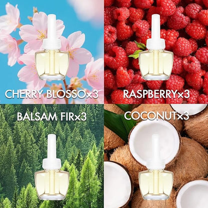 Plug In Air Freshener Refills 12 Pack – Cherry Blossom, Raspberry, Balsam Fir, Coconut, Spring & Summer Scented Refill for Home & Bathroom, Compatible with Air Wick & Glade, Not for Glade Plus