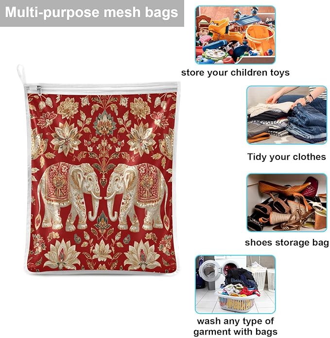 Mesh Laundry Bags Lingerie Bags for Washing Delicates 2 PCS Durable Wash Bag with Zipper Small and Medium Washable Red Retro Elephant Flowers