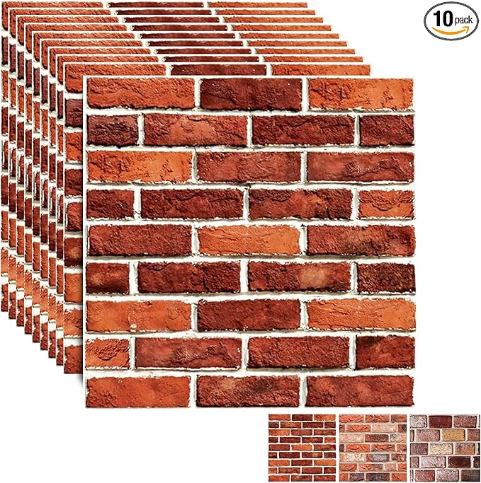 3D Wall Panels Peel and Stick, 3D Wall Panels Self Adhesive Waterproof 10PCS PVC 3D Brick Wallpaper Peel and Stick for Interior Wall Decor,Bedroom,Living Room12''x12'' (Dark Red Stone)