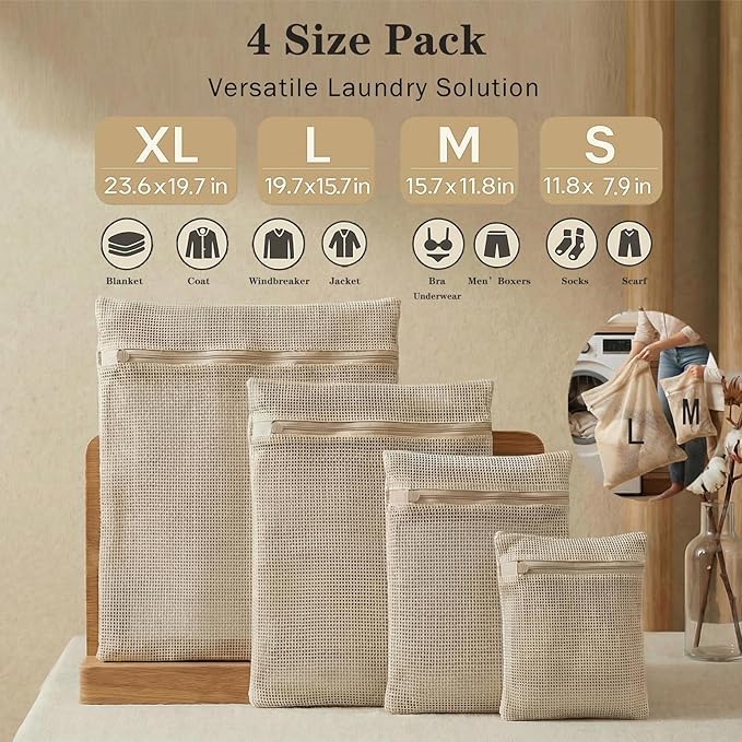4-Piece Mesh Laundry Bags for Delicates - Premium Cotton, No Dye, Delicate Protection for Bras, Underwear, Socks & Kids Clothes with Sturdy Zippers