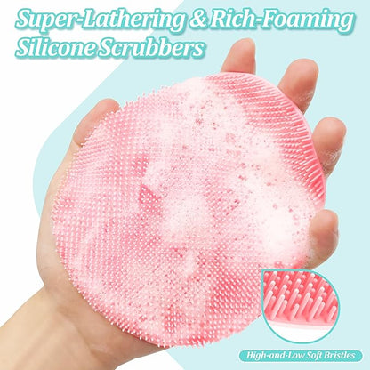Silicone Body Scrubber 4PCS, 360° Anti-Slip & Enlarged Exfoliating Bath Glove for Rich Foaming Deep Cleaning, Revolutionary No-Grip & Hand-fit Shower Scrubber for All Skin Types.(Black/Pink)