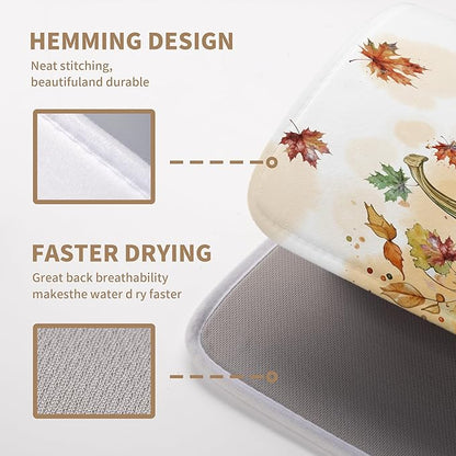 Fall Dish Drying Mat for Kitchen Counter 18×24 Inch Orange Pumpkin Drainer Pad Rustic Autumn Dish Rack Pad Drainer Mat Thanksgiving Absorbent Reversible Microfiber Dish Drying Pad for Coffee Bar