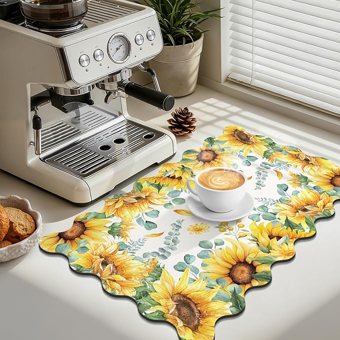 LOKHOM Scalloped Floral Dish Drying Mat, 12"x20" Super Absorbent Coffee Mat with Watercolor Yellow Sunflowers, Cuttable Hide Stain Non-slip Drying Mat for Kitchen Counter Coffee Maker Espresso Machine