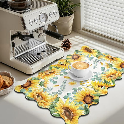 LOKHOM Scalloped Floral Dish Drying Mat, 12"x20" Super Absorbent Coffee Mat with Watercolor Yellow Sunflowers, Cuttable Hide Stain Non-slip Drying Mat for Kitchen Counter Coffee Maker Espresso Machine