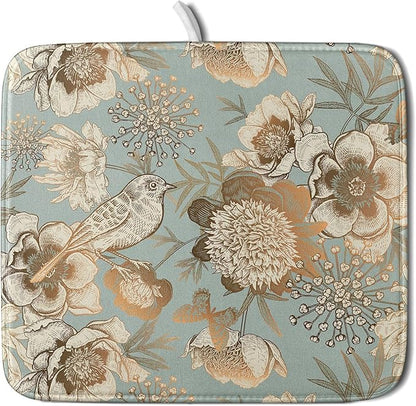 Retro Flower Bird Dish Drying Pad 16 x 18 Inch With Absorbent Reversible Microfiber Vintage Blue Gold Floral Drying Mats Dish Drainer Mat Fast Dry For Kitchen Dining Room Decoration