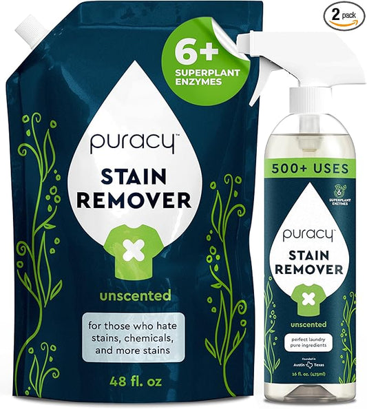 Puracy Stain Remover, Natural Based Travel and Laundry Stain Cleaner for Clothes, Baby Essentials, Kids Stains, Oil and Fabric Spot Cleaner, Unscented (Stain Remover Spray and Refill, 64 fl oz)