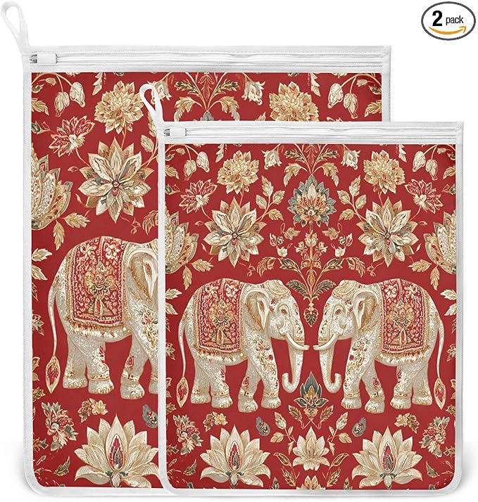 Mesh Laundry Bags Lingerie Bags for Washing Delicates 2 PCS Durable Wash Bag with Zipper Small and Medium Washable Red Retro Elephant Flowers