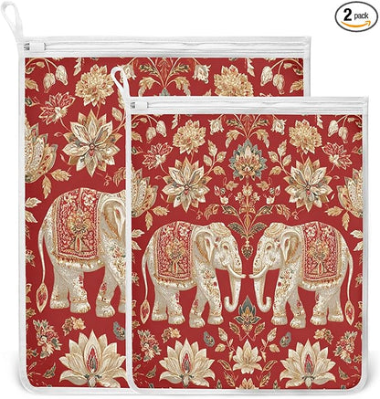 Mesh Laundry Bags Lingerie Bags for Washing Delicates 2 PCS Durable Wash Bag with Zipper Small and Medium Washable Red Retro Elephant Flowers