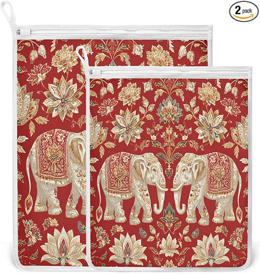 Mesh Laundry Bags Lingerie Bags for Washing Delicates 2 PCS Durable Wash Bag with Zipper Small and Medium Washable Red Retro Elephant Flowers