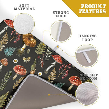 Natural Botanical Dish Drying Mat Mushroom Fern Leaves Berry Drainer Mat Black Drying Pad for Countertop 18 X 24 Inch