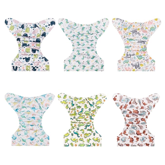 Babygoal Reusable Neutral Cloth Diapers 6 Pack with 10pcs Inserts, One Size Adjustable Washable Pocket Nappy Covers for Baby Boys and Girls