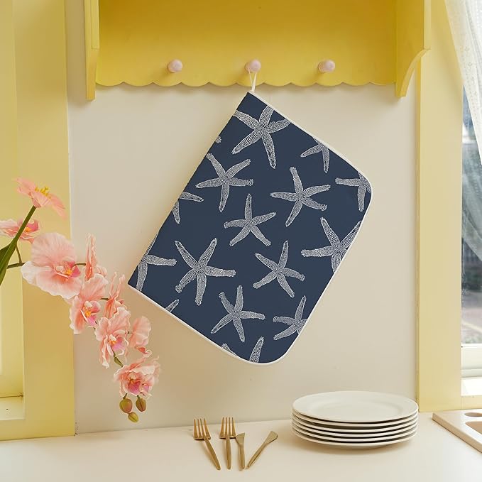 Navy Blue Starfish Coastal Dish Drying Mats 18x24 Inch Coastal Nautical Summer Decorative Drying Mats Beach Ocean Outdoor Decor Coffee Bar Mat for Kitchen Dining Room