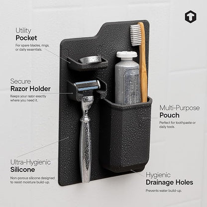 TOOLETRIES The Harvey Toothbrush & Razor Holder - Silicone Shower Organizer, Toiletries & Toothbrush Holder for Shower, Bathroom Accessory - Silicone-Grip Technology, Removable & Reusable - Charcoal