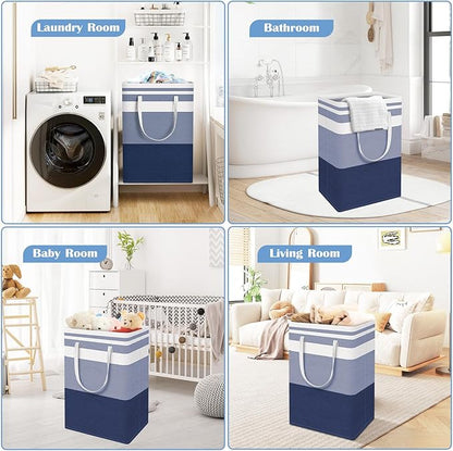 BlissTotes 3-Pack Laundry Basket, Freestanding＆Waterproof Laundry Hamper, Collapsible Tall Clothes Hamper with Easy Carry Handles for Clothes, Towels in the Family and Dorm,Gradient Blue,75L