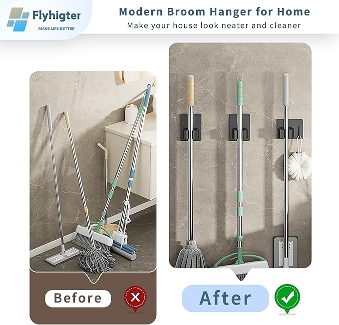 Stainless Steel Mop Holder Wall Mount – 4 Pack Heavy-Duty Broom Organizer with Strong Grip, Adhesive or Nail-Free Glue Installation for Bathroom, Kitchen, Garage