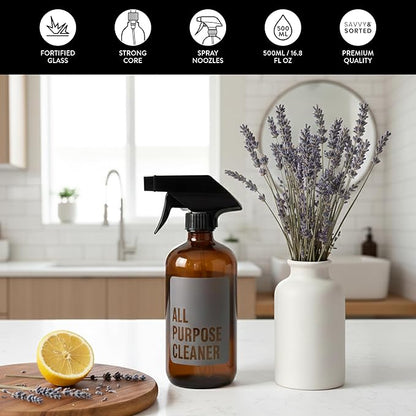 SAVVY & SORTED Amber Glass Spray Bottles for Cleaning, Refillable Amber Spray Bottle with Label, Glass Cleaning Bottles with Adjustable Nozzle, 17 Fl Oz / 500 ml