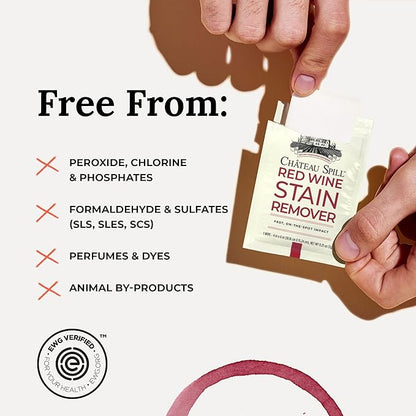 Chateau Spill Red Wine Stain Remover Wipes - 5 Count Individually Wrapped to go Wipes for Stubborn Stains on Clothes, Tablecloth, Carpet, Upholstery and Laundry