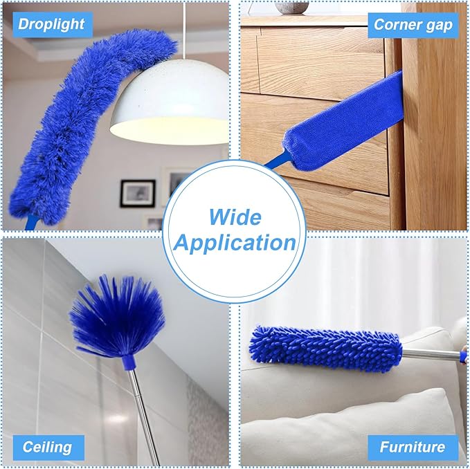 5-in-1 Kit Dusters for Cleaning, Duster with Extension Pole, Extendable Duster with 100 Inches, Microfiber Dusters, Webster Cobweb Duster for Cleaning Ceiling Fans, Furniture, Blinds - Blue