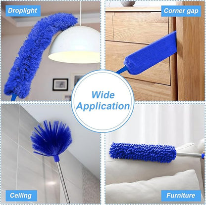 5-in-1 Kit Dusters for Cleaning, Duster with Extension Pole, Extendable Duster with 100 Inches, Microfiber Dusters, Webster Cobweb Duster for Cleaning Ceiling Fans, Furniture, Blinds - Blue