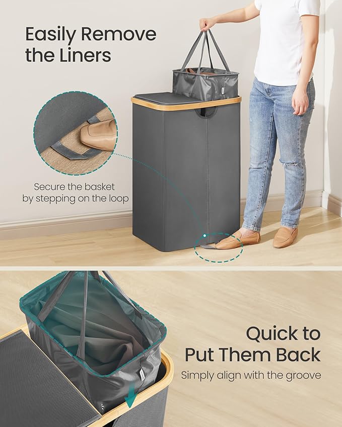 SONGMICS Laundry Hamper with Lids, Laundry Basket with 2 Compartments, 39 Gal. (150 L), Removable Liner Bag, for Laundry Room, Bedroom, Living Room, Slate Gray and Light Bamboo ULCB523G01