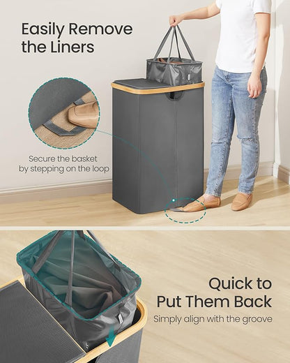 SONGMICS Laundry Hamper with Lids, Laundry Basket with 2 Compartments, 39 Gal. (150 L), Removable Liner Bag, for Laundry Room, Bedroom, Living Room, Slate Gray and Light Bamboo ULCB523G01