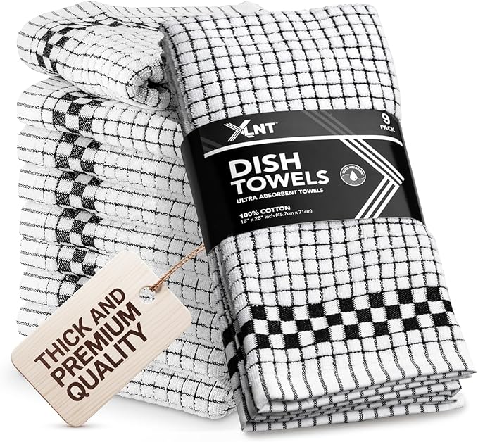 XLNT Highly Absorbent Kitchen Dish Towels 100% Cotton 18x28 inch – Ultra-Thick Dishcloths – Premium Weave for Drying & Cleaning – Soft, Durable & Lint-Free – Pack of 9 Black