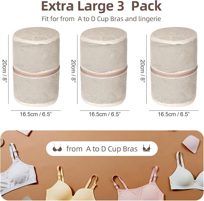 100% Pure Cotton Mesh Laundry Bags, Bra Lingerie Wash Bags for Delicates, No Dye, Set of 3, Natural(8x6.5 Inch)