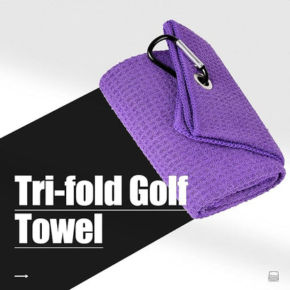 Mile High Life Tri-fold Golf Towel | 16" X 24" | Premium Microfiber Fabric | Waffle Pattern | with Heavy Duty Carabiner Clip | for Men and Women (Purple)