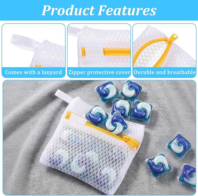 4 PCS Laundry Pod Anti-Sticking Bag Reusable Laundry Mesh Bag with Zipper Mini Pods Dissolution Protection Pacs Secure Holder for Detergent Pods Scent Beads Washer Safe Delicates