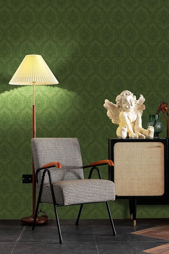 Dimoon 393"x16.1" Wallpaper Green Peel and Stick Removable Contact Paper Delicate Thicken Waterproof Retro Dark Green Self Adhesive Floral Wallpaper for Bedroom Shelf Liner Decal Vinyl Roll