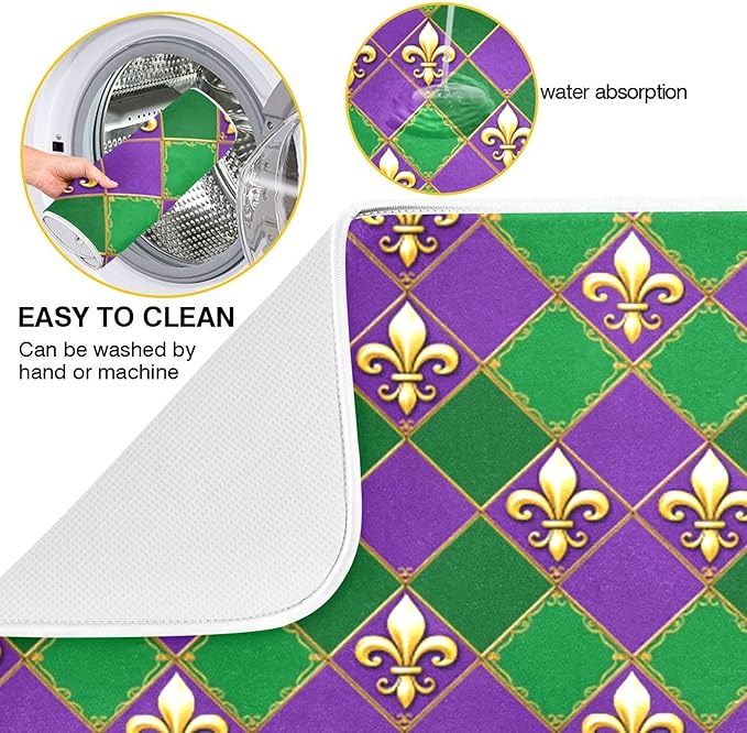 Happy Mardi Gras Purple Green Dish Drying Mat for Kitchen Countertop 16x18 Fleur de Lis Buffalo Plaid Small Drying Mat Reusable Quick Dry Dish Sink Mats Easy Clean Decorative Essentials