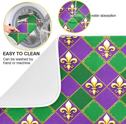 Happy Mardi Gras Purple Green Dish Drying Mat for Kitchen Countertop 18x24 Fleur de Lis Buffalo Plaid Large Drying Mat Reusable Quick Dry Dish Sink Mats Easy Clean Decorative Essentials